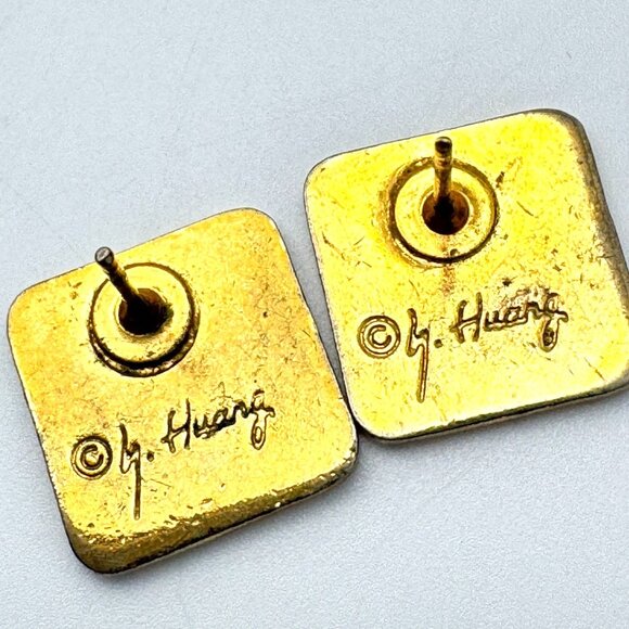 Samuel Huang Cloisonné Vintage Earrings 7/8" Red Gold Gray Enamel Square Stud - Picture 8 of 8